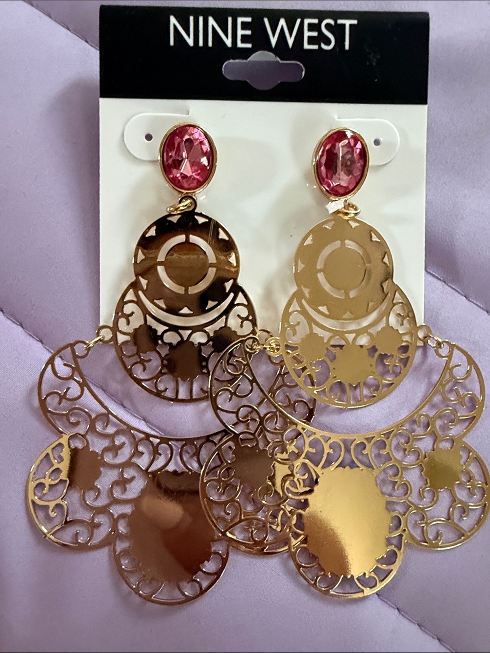 Nine West Gold Filigree Chandelier Earrings with Pink Stones